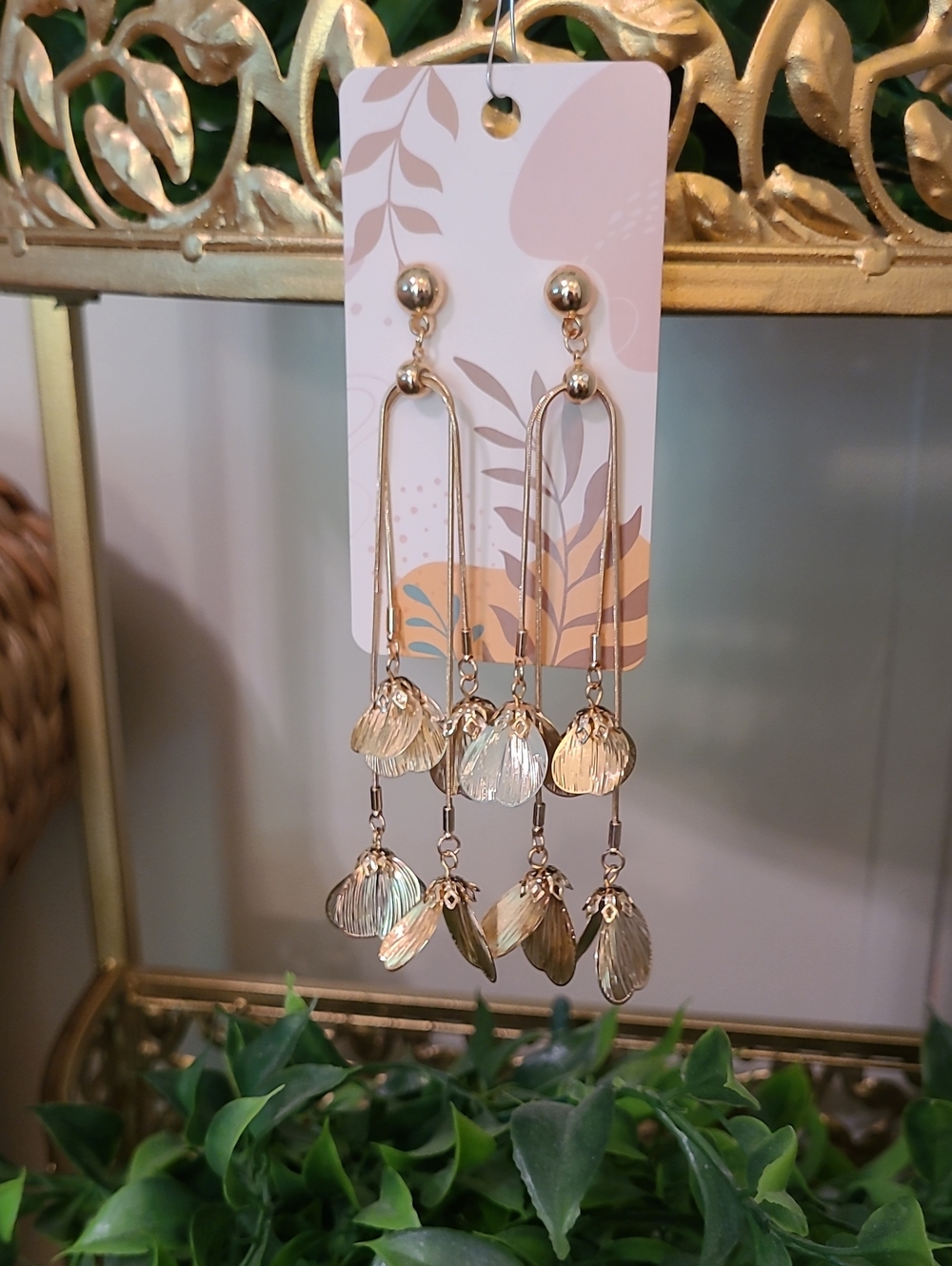 NWT Gold Floral Long Dangle Earrings